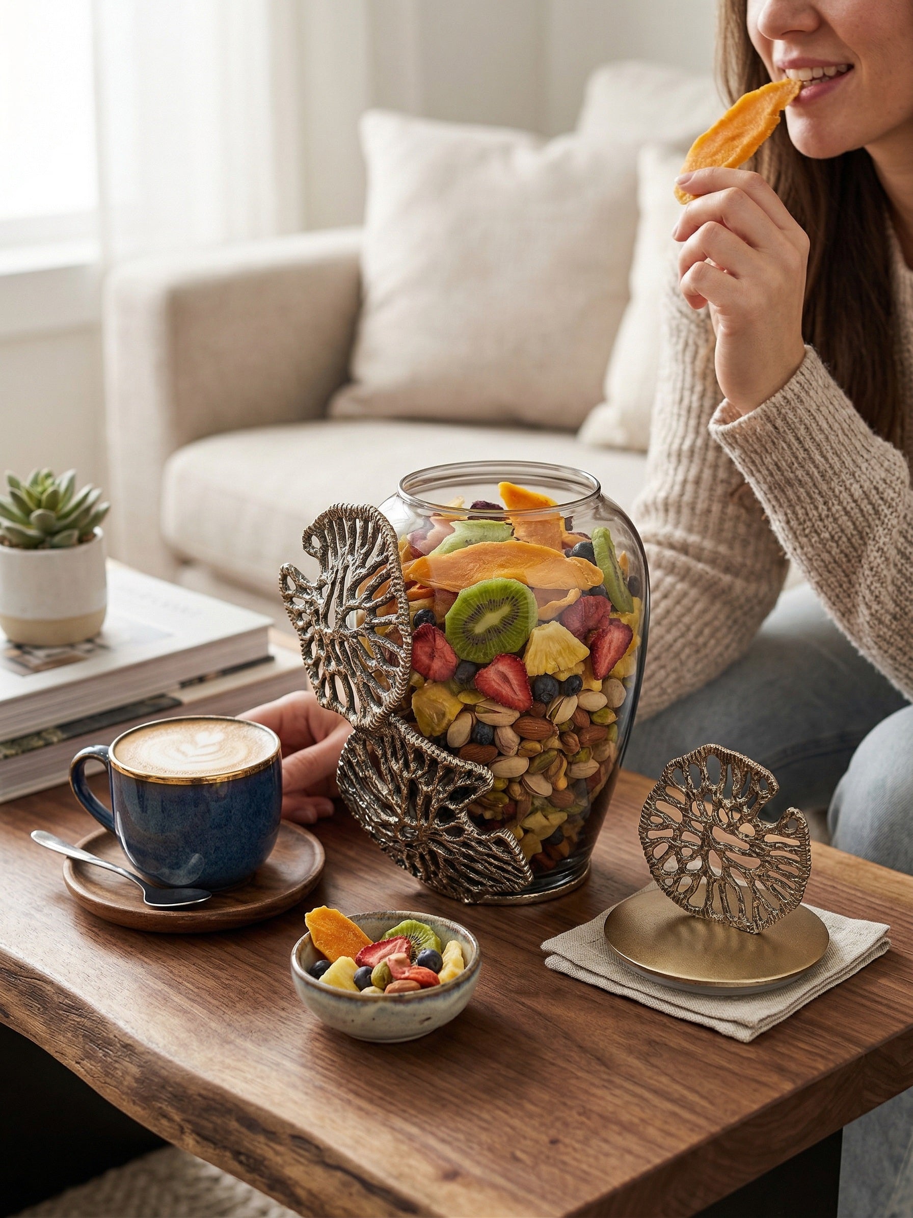 EHAIKA Luxury Decorative Jar - Aluminum Gilded Lily Pad - Ombre Sea Kelp Green Coloured Glass