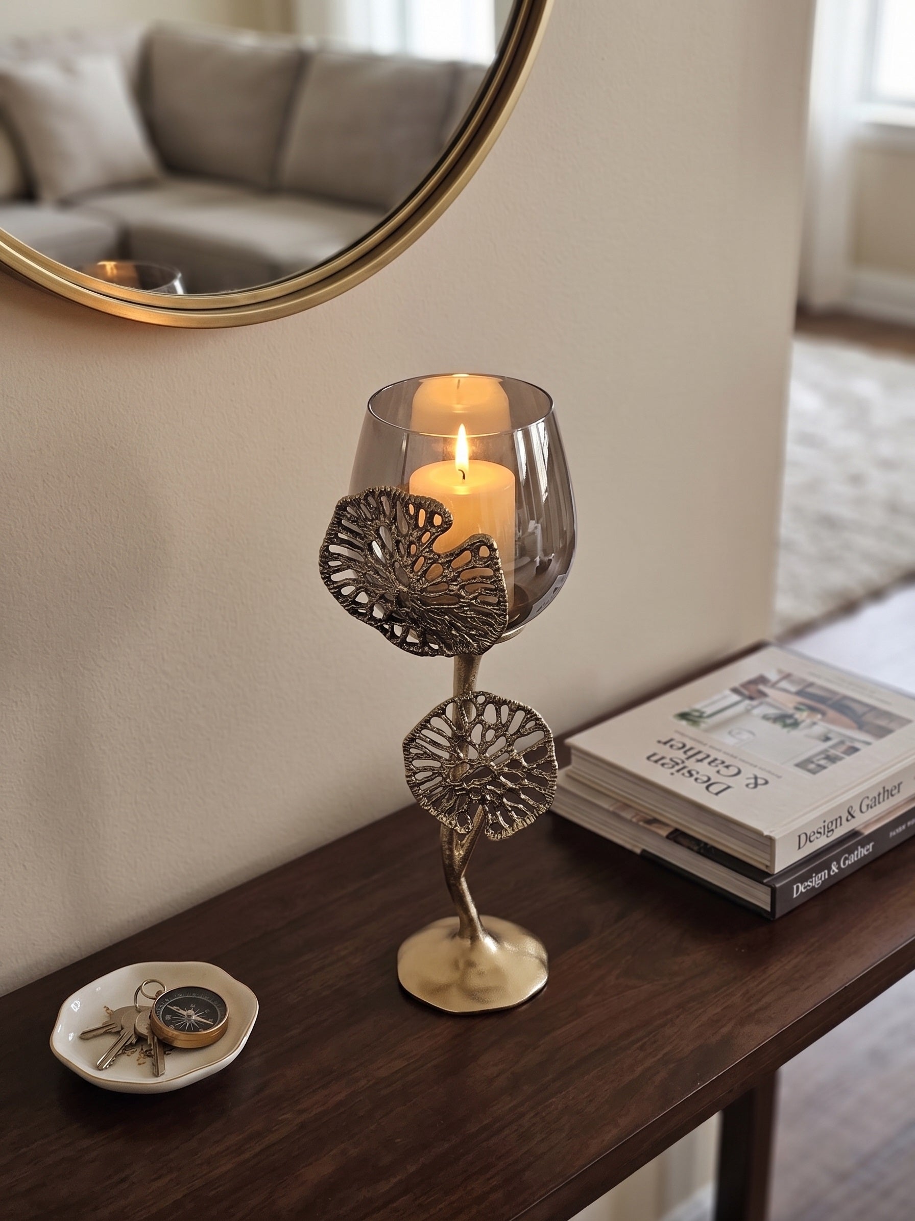 EHAIKA Large Pillar Candle Holder - Aluminum Gilded Lily Pad - Ombre Sea Kelp Green Colored Glass