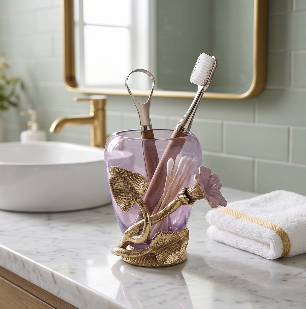 EHAIKA Toothbrush Holder – Enamelled Aluminium Morning Glory Flower With Ombre Lilac Coloured Class