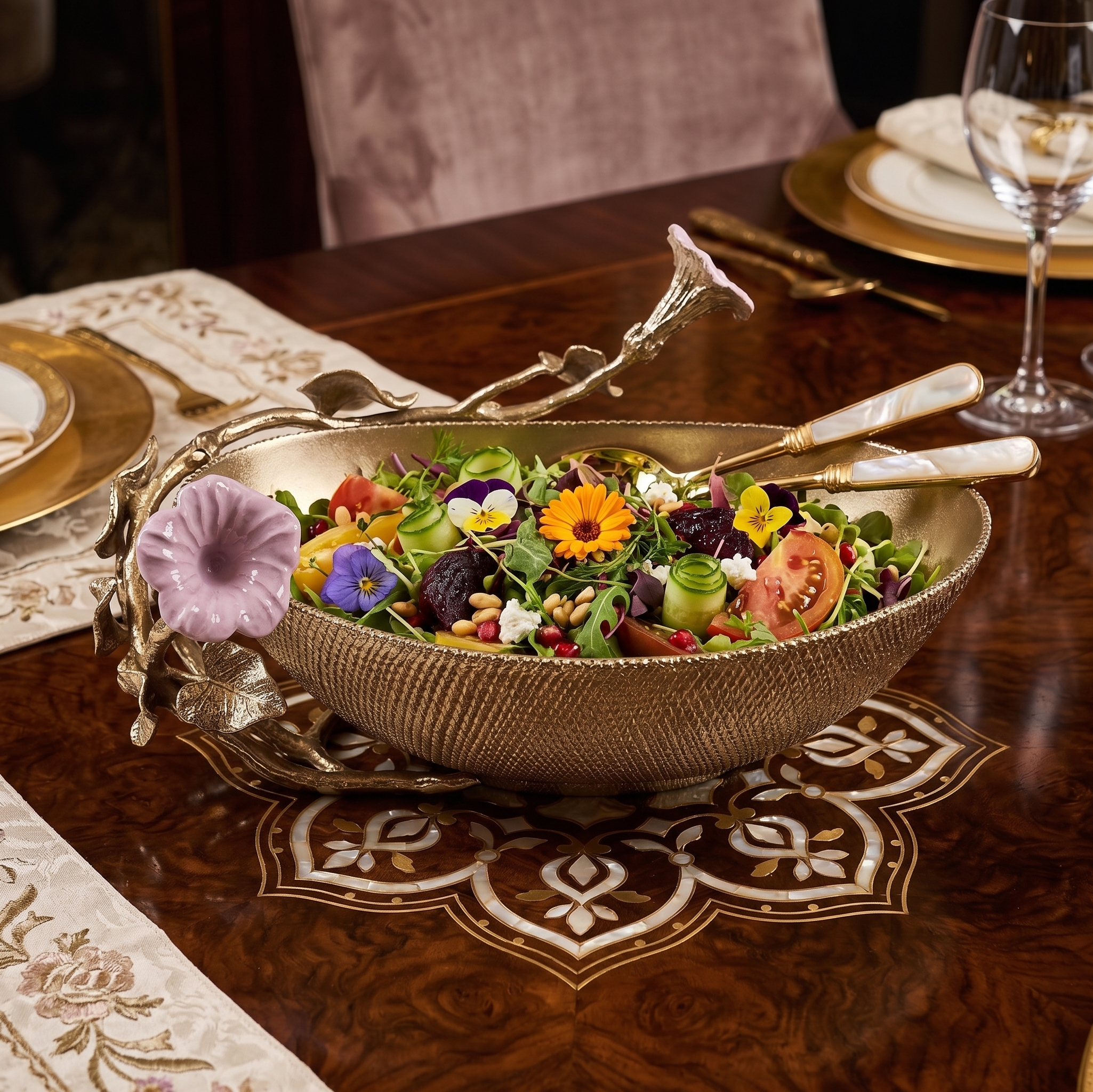 EHAIKA Salad Bowl – Enamelled Aluminium Morning Glory Flower With Ombre Lilac Coloured Class