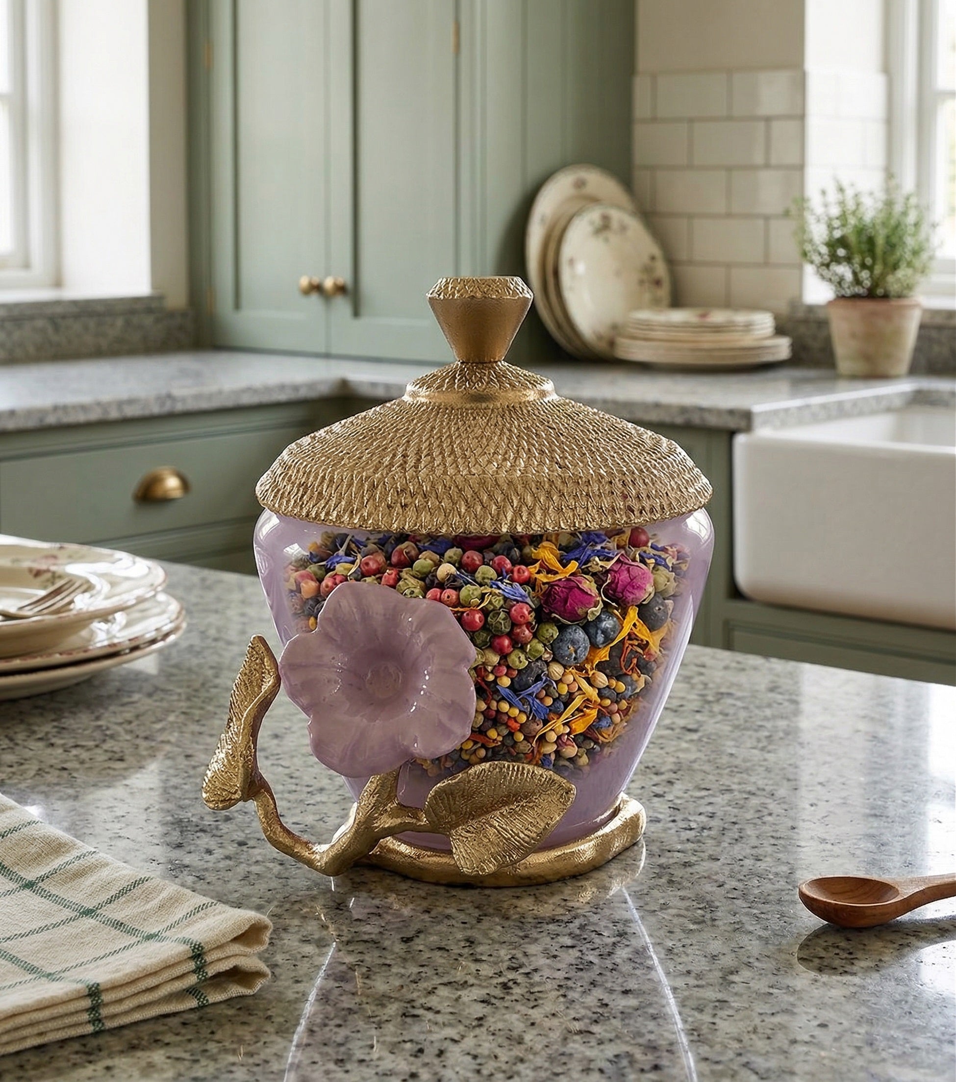 EHAIKA Canister (Small) – Enamelled Aluminium Morning Glory Flower With Ombre Lilac Coloured Class