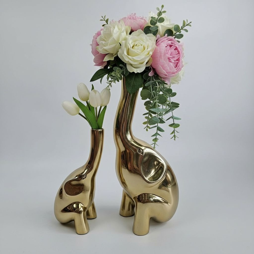EHAIKA Golden Elephant Bud Vase (Set of 2) Aluminium Sculpture - Single Flower Home Office Table-top Display Decoration
