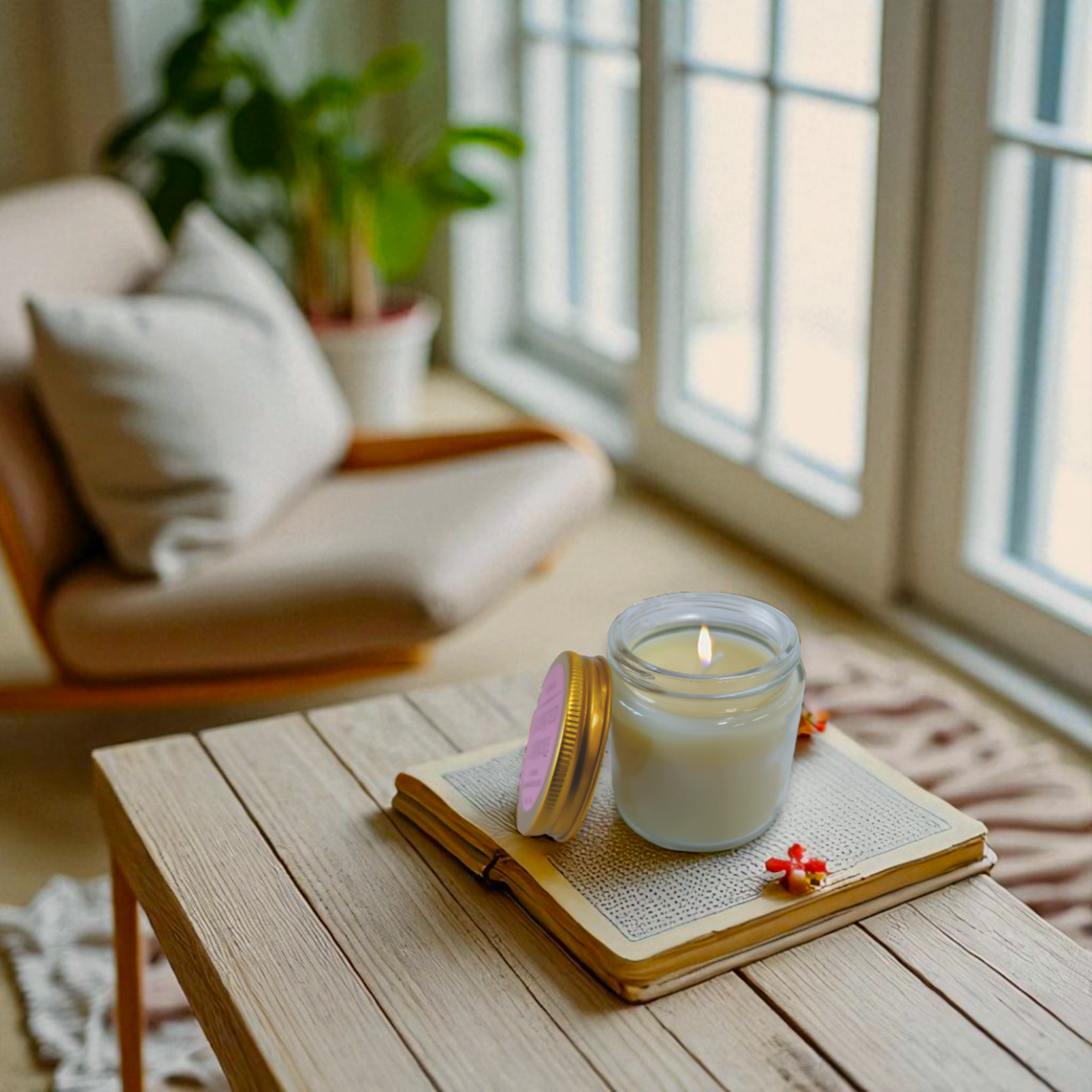 Candle in a jar on an open book with a cozy living room background