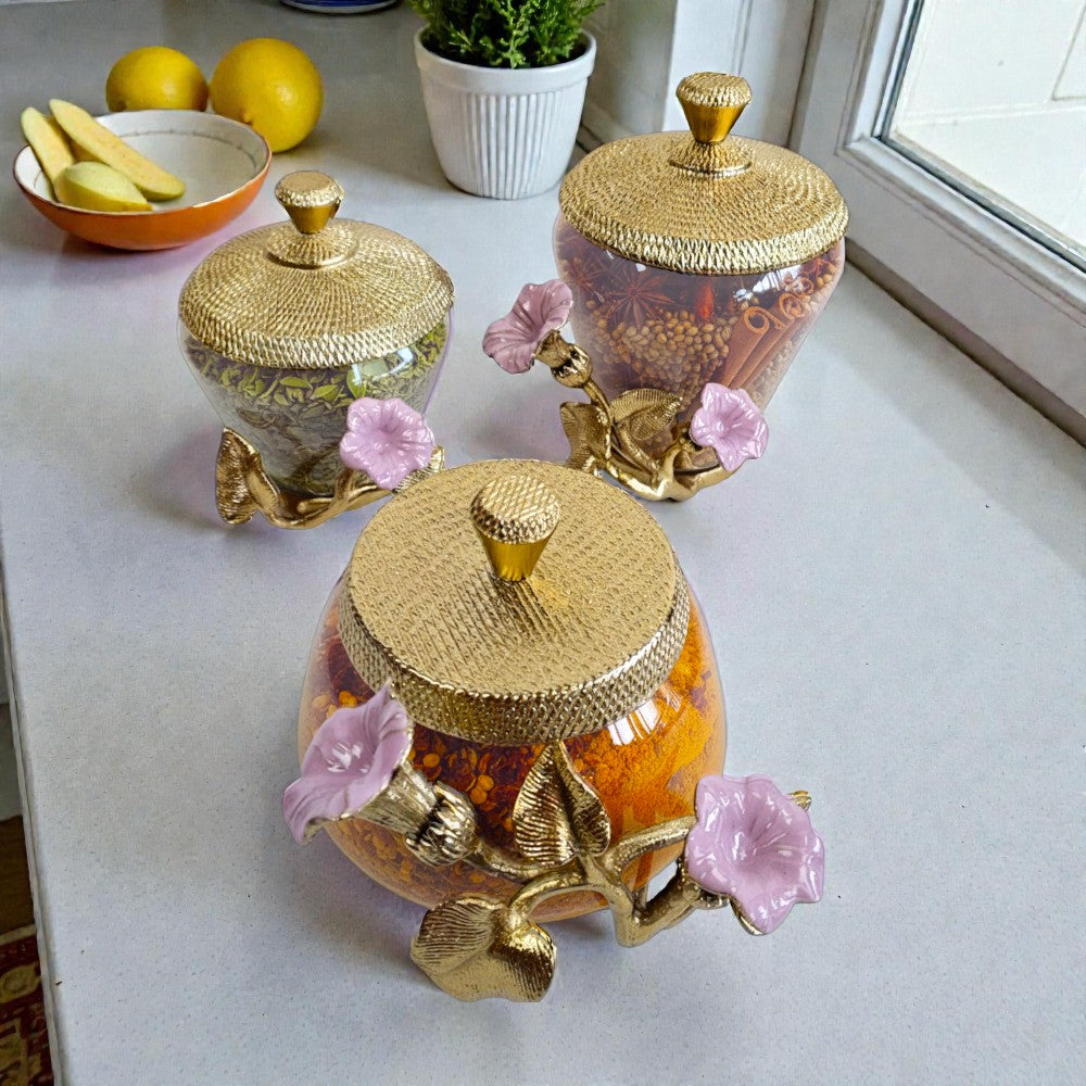 EHAIKA Lilac Dawn Artisan Canister & Jar Set – Morning Glory Flower With Ombre Lilac Coloured Class