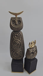 EHAIKA Tribal Owl Set Aluminium Sculpture With Natural Wood Base - Home Office Table-top Display Decoration