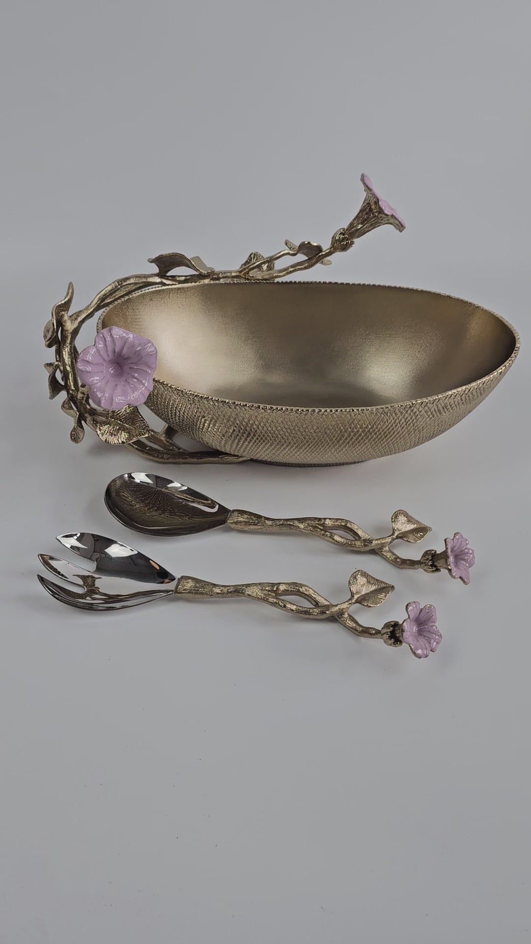 EHAIKA Salad Bowl & Server Set – Enamelled Aluminium Morning Glory Flower With Ombre Lilac Coloured Class