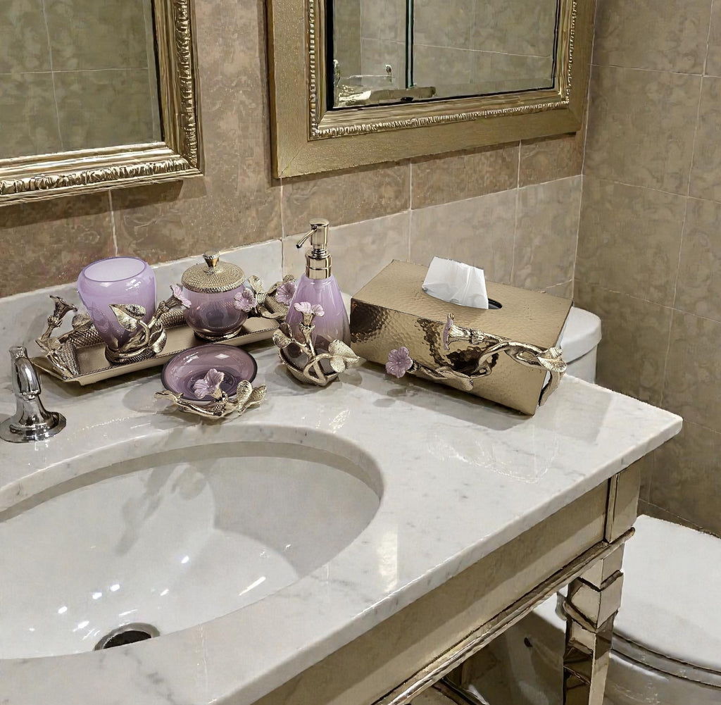 EHAIKA Bathroom Accessories Set – Enamelled Aluminium Morning Glory Flower With Ombre Lilac Coloured Class